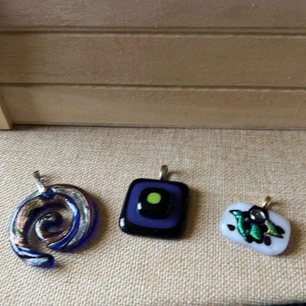 3 Dichroic Glass Pendants Handmade Swirl Square Rectangle